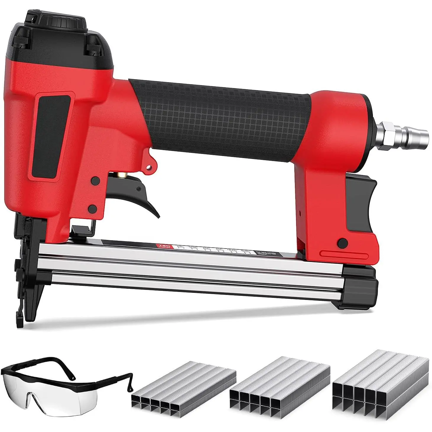 Pneumatic Stapler Gun (1.76 Lbs) with T50 Series Staples, Safety Glasses, 3000 Staples, Safety Trigger, 360° Adjustable Exhaust, 60-110 PSI, Woodworking Tool for Wood Surfaces & Bedroom Furniture, Furniture For Bedroom