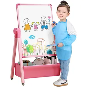 Double Sided Kids Art Easel Drawing Board with Whiteboard & Blackboard 360°Rotating Adjustable Standing Erasable Easel for Classroom Pink