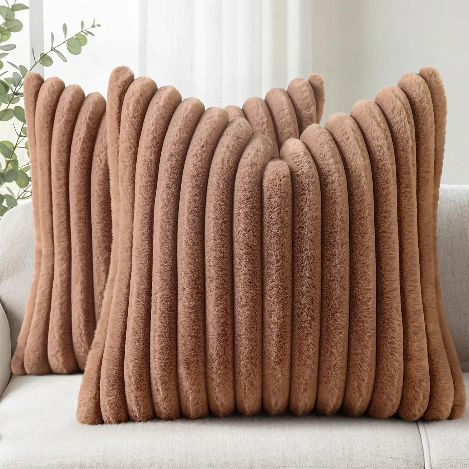 2-Piece Plush Fur Euro Sham Cover Cushion Set, 22x22 in Striped Decorative Soft Covers with Velvet Back for Sofa, Living Room Decor, DIY Projects