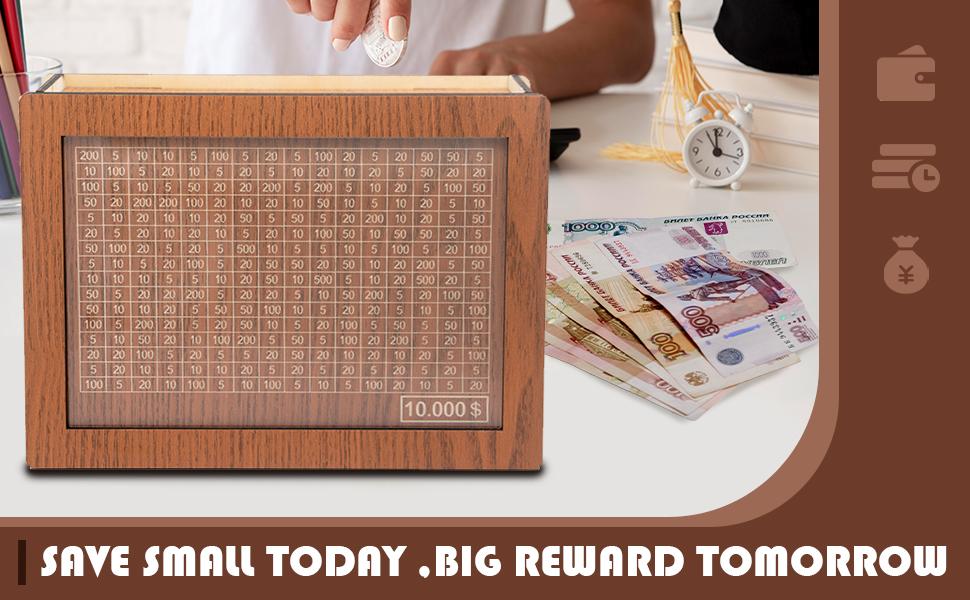 1000/10000 Dollars Savings Challenge Box, Cash Vault Wooden Savings Box for Kids & Adults, Savings Challenge Box Money Saving Box for Cash Coin, Birthday Piggy Bank Gifts Decor Decorative piggy bank Ornaments Decoration