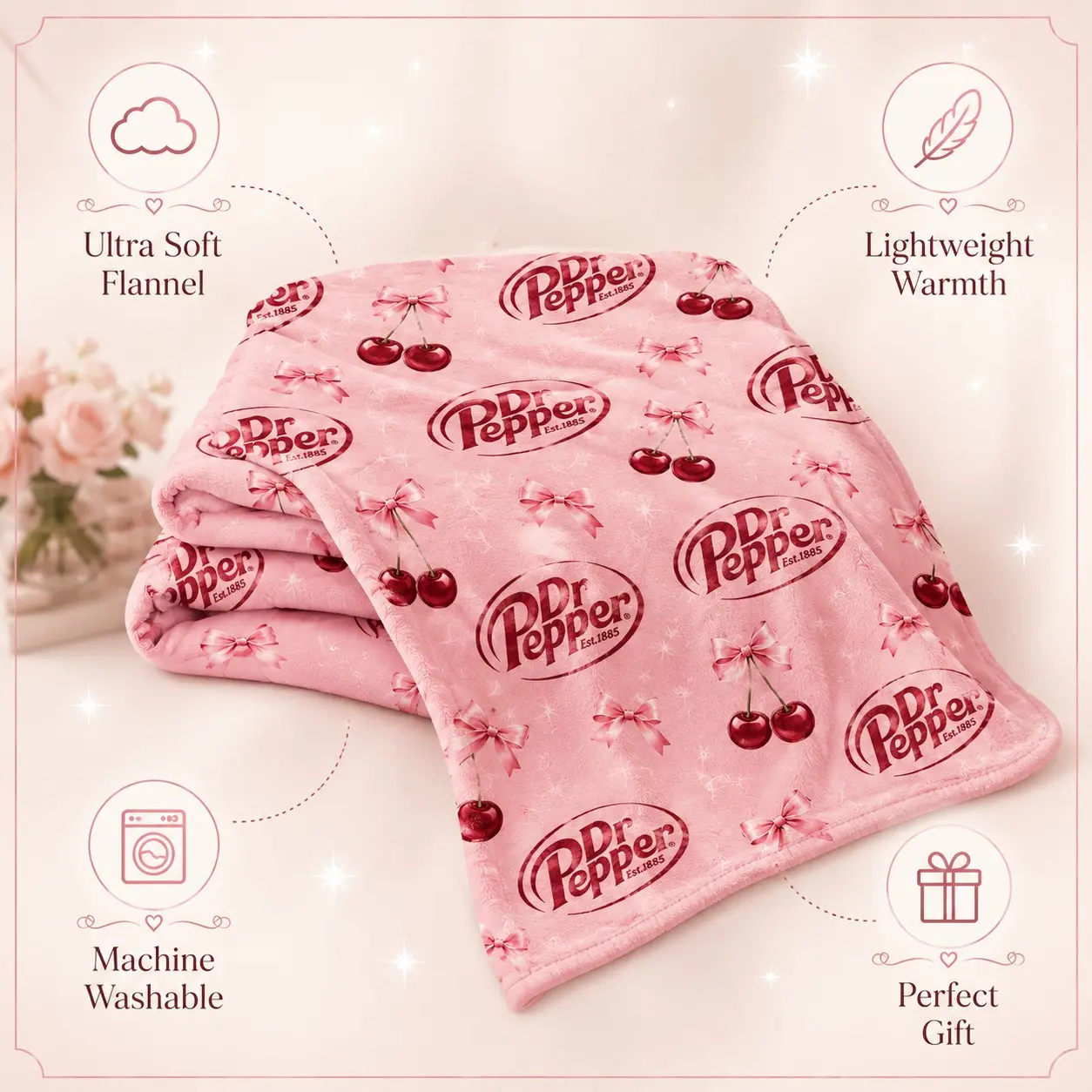Dr Pepper Cherry Bows Flannel Blanket, Cute Coquette Aesthetic Soda Brand Girly Throw, Soft Warm Cozy Bedroom Decor Gift for Teen Girls