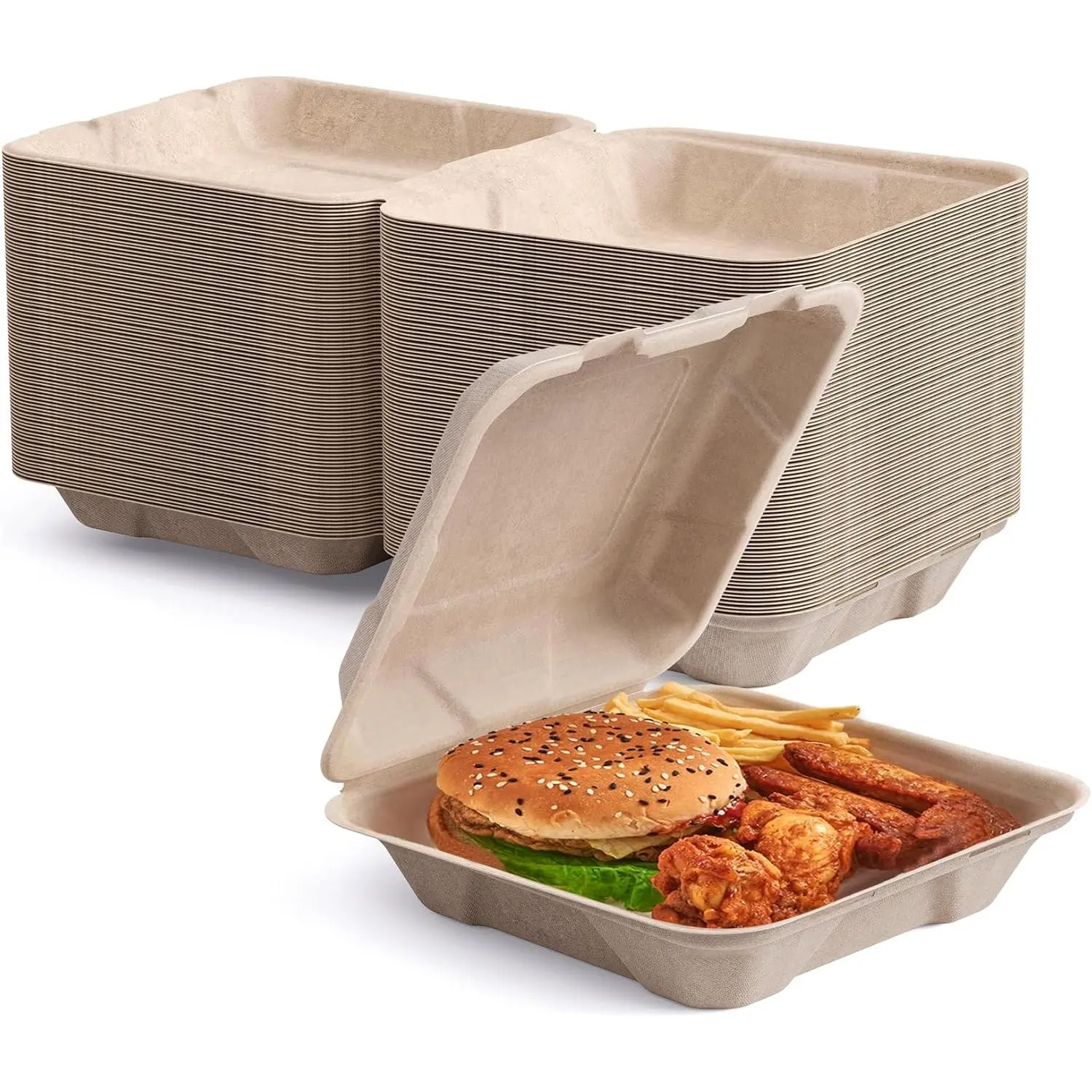 8 x 8 Inch Compostable Clamshell Containers, 50-Pack Disposable Heavy-Duty To-Go Food Boxes for Meal Prep, Leftovers and Events