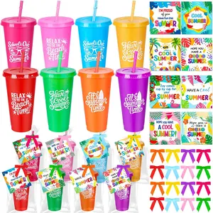 24 Sets End of the Year Gifts for Students - 24oz Summer Plastic Tumblers with Lids and Straws Bulk with Greeting Cards & Ribbons for Graduation, School Class Prizes, Beach Pool Party Favors