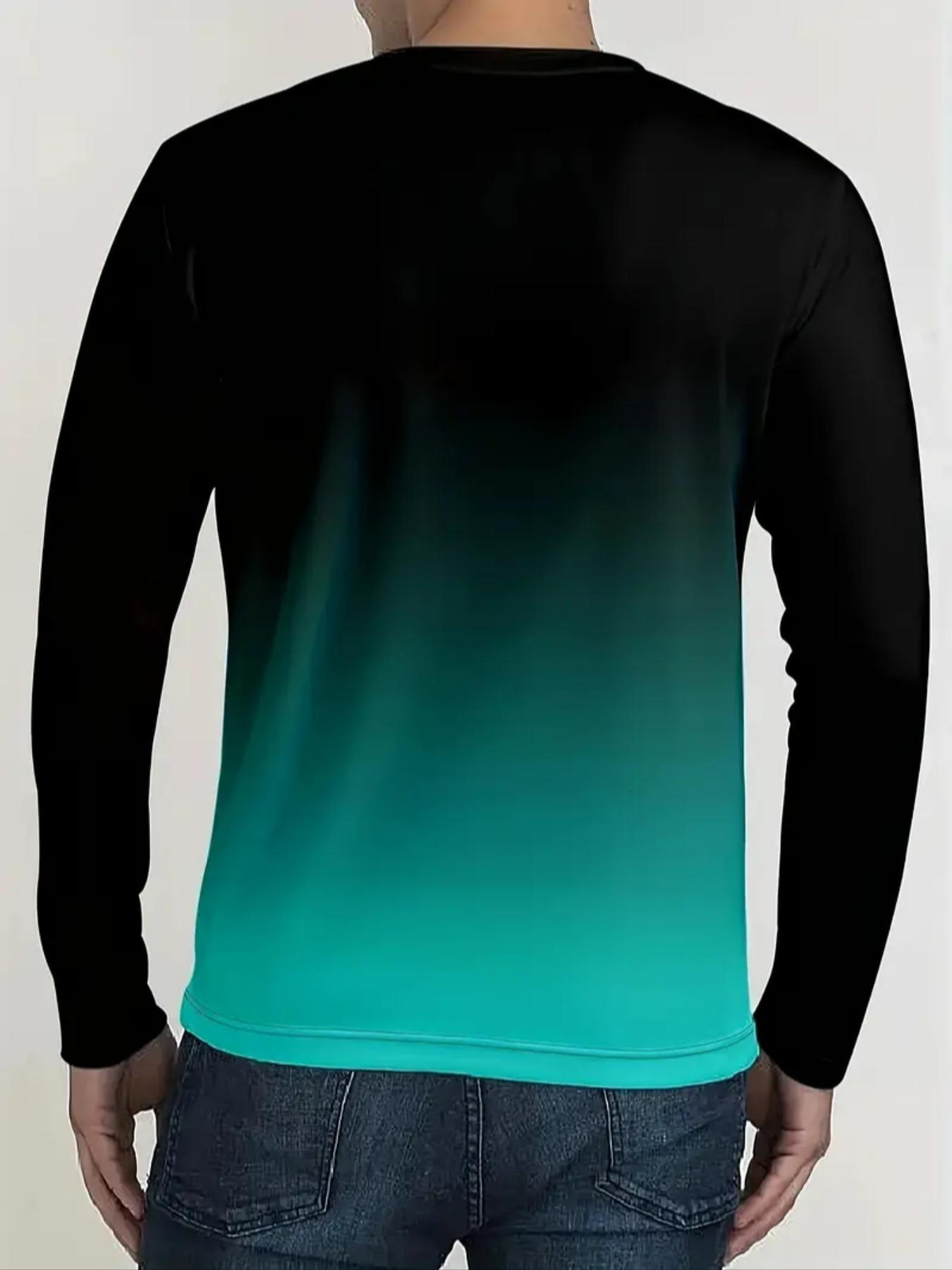 Men's Casual Long Sleeve Fitted T-Shirt, Gradient Color, Polyester Material, Round Neck, Letter Print Design