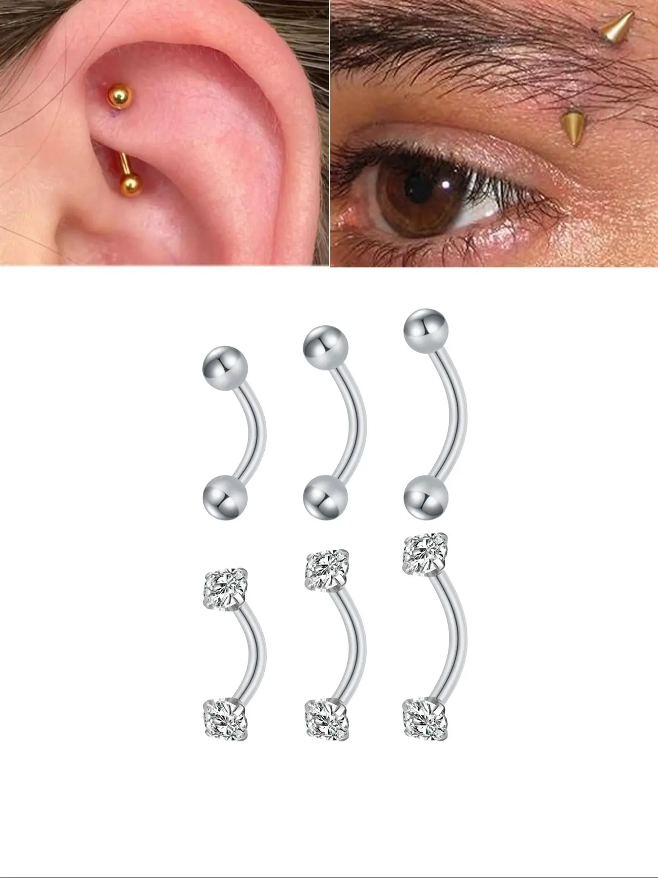 Stainless Steel Rook Eyebrow Studs, Daith Earrings, Bellybar, Belly Lip Ring, Cartilage Tragus, Cubic Zirconia Barbell, Body Piercing, 8mm, Side Labret Jewelry