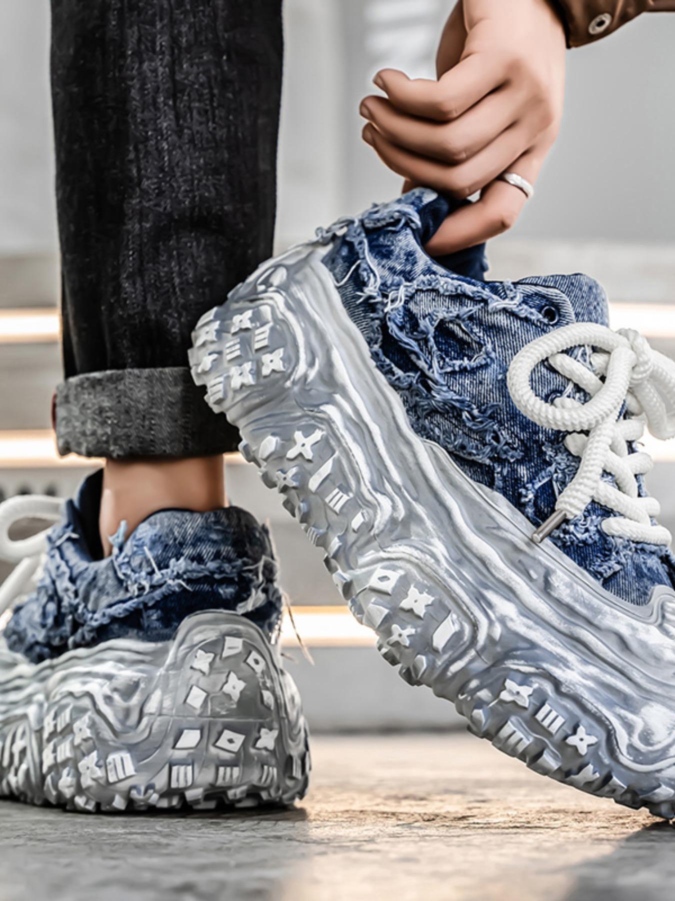 Men's Distressed Denim Chunky Platform Sneakers, Frayed Retro Streetwear Shoes, Avant-Garde Footwear for American Fashion Lovers