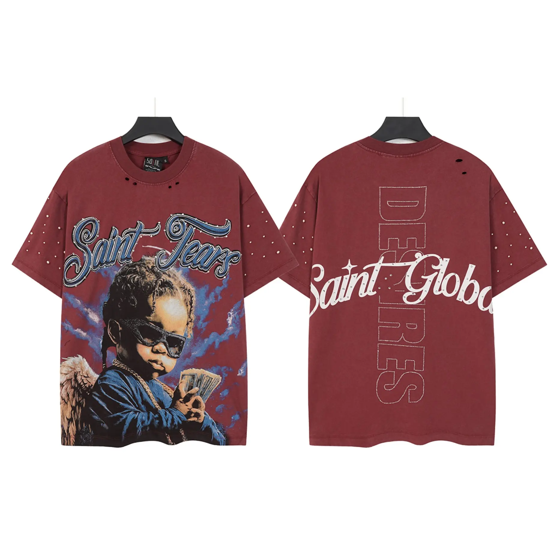 Men's Saint Tears Shiny Rhinestone Print Money-Holding Angel Kid Graphic Oversized Loose Breathable Burgundy Vintage Washed Distressed Hole Pearl Stud Cotton Shortsleeve Tee, For 4th Of July Hip Hop Streetwear (Sports Top), Cargo Pants, Menswear