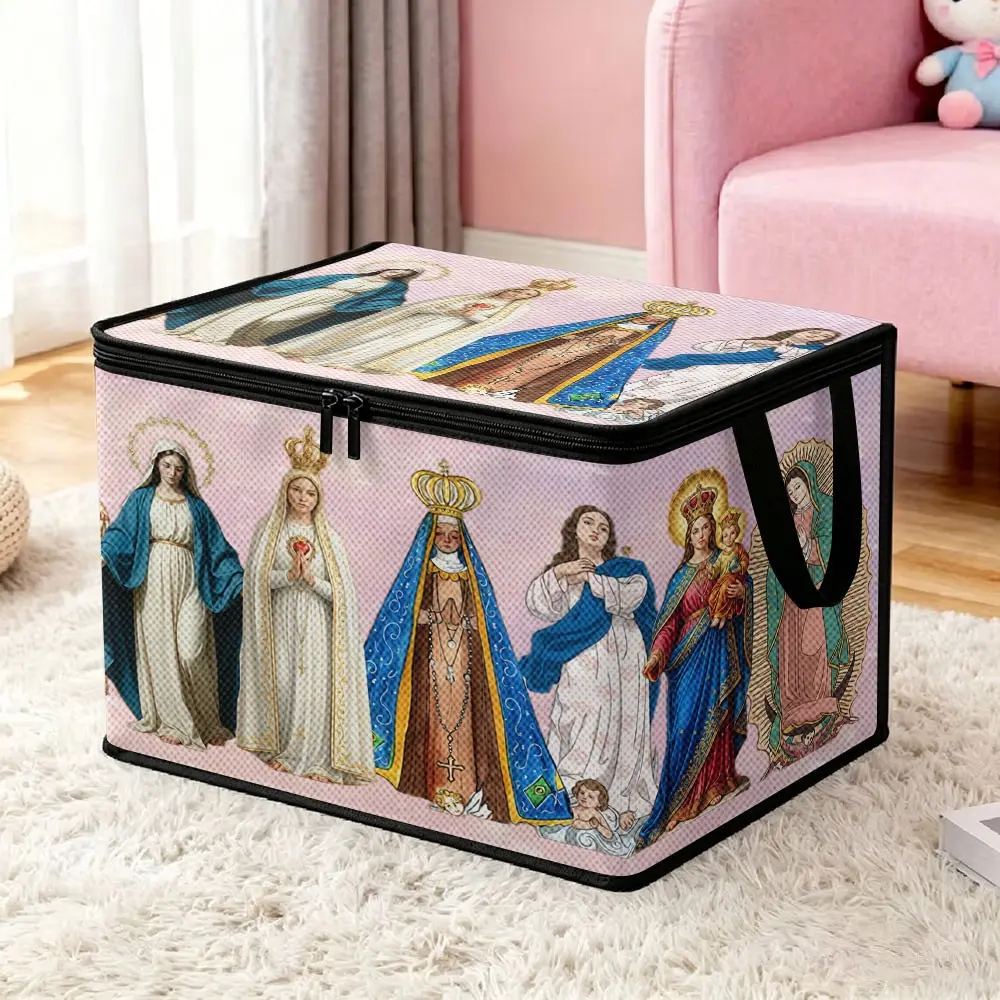 Non-woven Storage Bins with Vintage Painted Prints Featuring Multiple Virgin Mary Designs, Thickened Waterproof Handheld Storage Boxes with Double Zippers, Foldable Large-Capacity Fabric Organizer Bags for Catholic Latin American Household Moisture-Proof