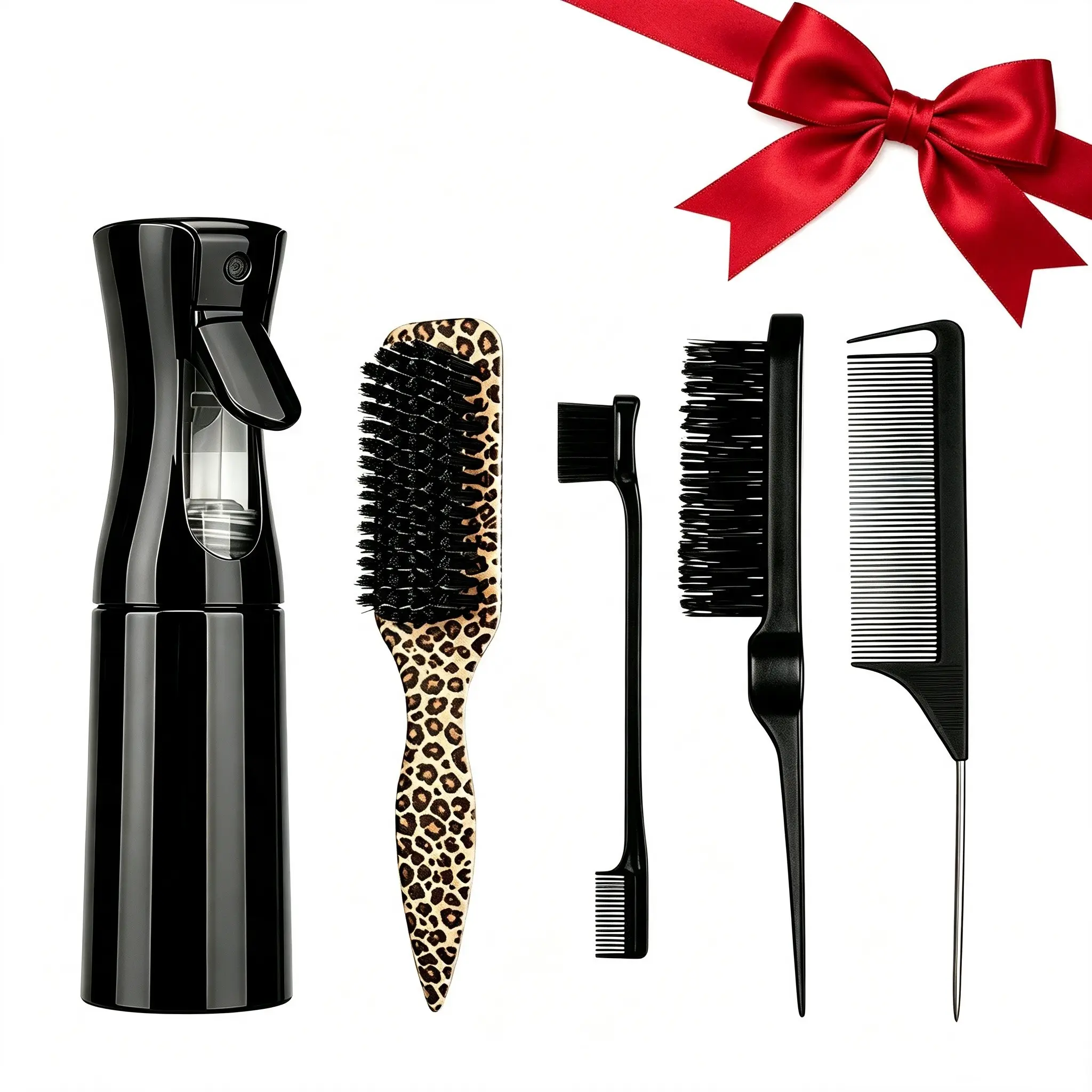 Continuous Ultra Fine Mist Spray Bottle with Professional Hair Styling Comb Set, Leopard Print Hair Brush, Double Sided Edge Brush, Teasing Brush & Metal Rat Tail Comb, Multipurpose Salon Barber Hair Tools for Curly Hair Styling, Edge Control & Daily Hair