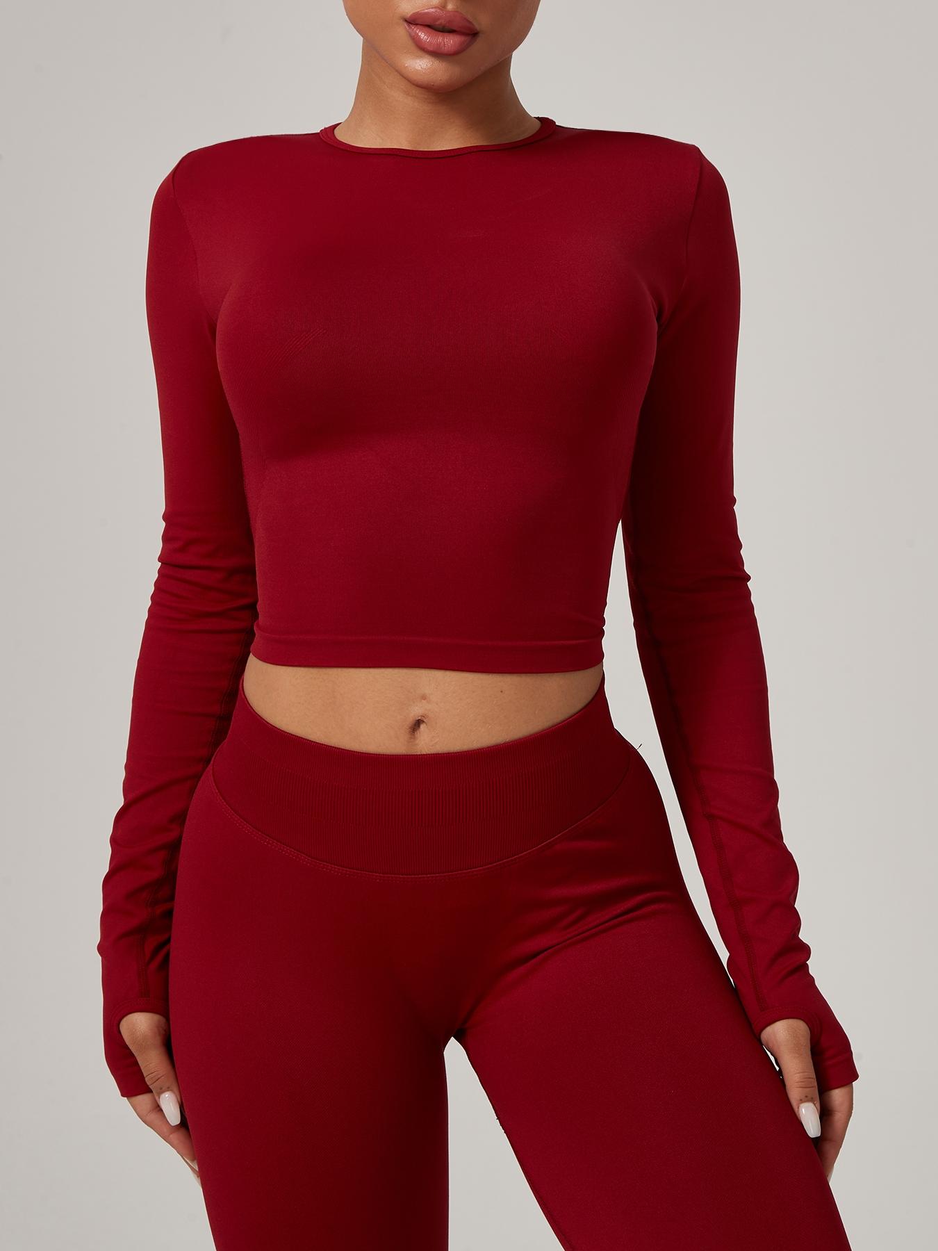 Women's Seamless Knitted Long-Sleeved Sports T-Shirt, Slim-fit, slimming, waist-cinching, Quick-drying, elastic thumb holes, Sports tight-fitting, breathable running, Yoga wear, Gym Tops, Fitness Running Tops