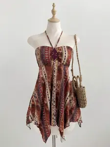 1 Piece Retro Ethnic Style Halter Thin Shoulder Straps Chest Diamond Decor Print Elastic Wrap Body Irregular Diagonal Short Cami