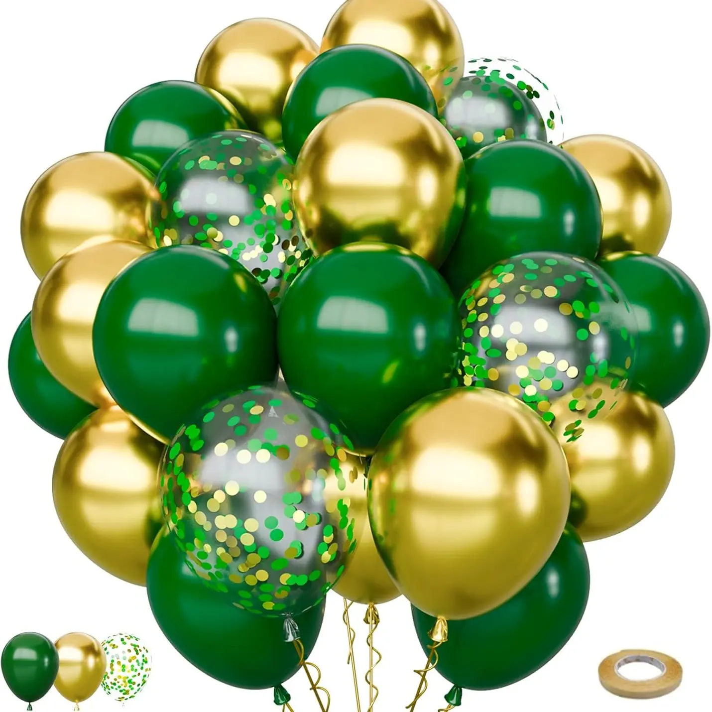 65Pcs Green Gold Balloons Set, Dark Green & Metallic Gold Balloons, Confetti Latex Balloons for Birthday, Graduation, St. Patrick's Day, Jungle Party Decorations