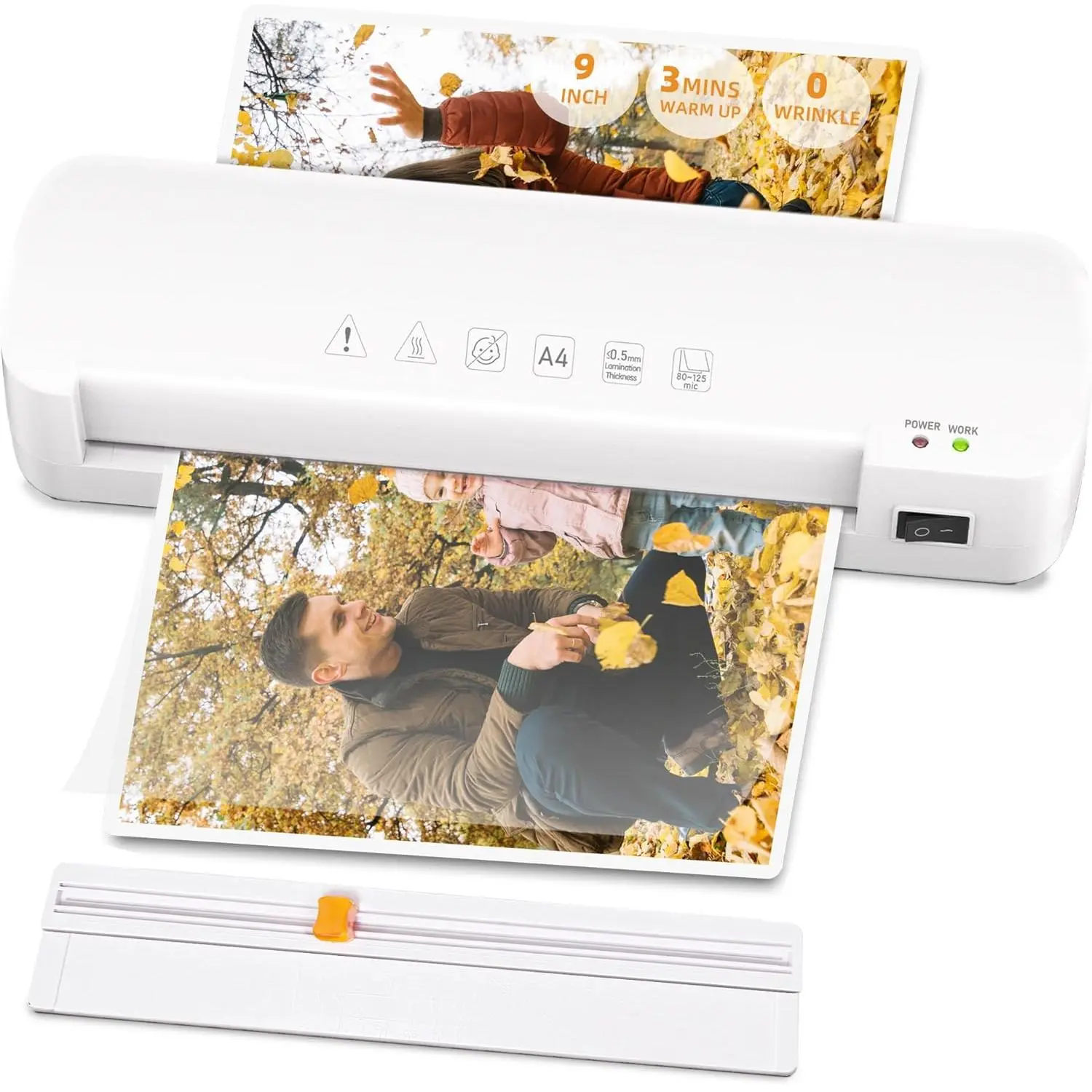 Thermal Laminator Machine, 9-in 2-Roller System Laminator Kit for Home & Office Use, White