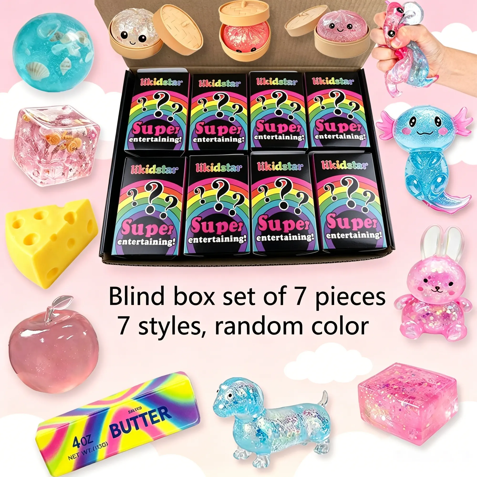 7 Piece Blind Box Malt Sugar Stress Relief Fidget Toys, Creative Slow Rebound Squishy Fun Set, Hidden Edition, Party Gift