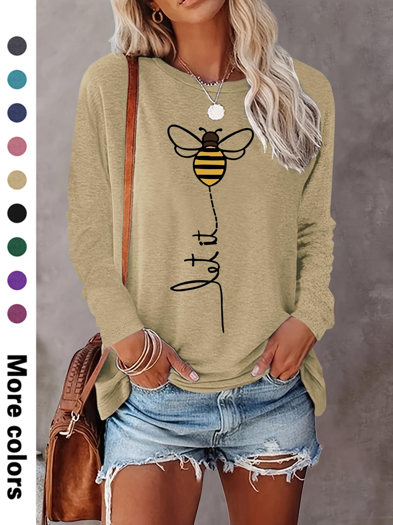 Women's Cartoon Bee Print Round Neck Fitted Tee, Casual Chic Long Sleeve Crew Neck T-shirt for Fall & Winter, Women's Top for Daily Wear, Womenswear