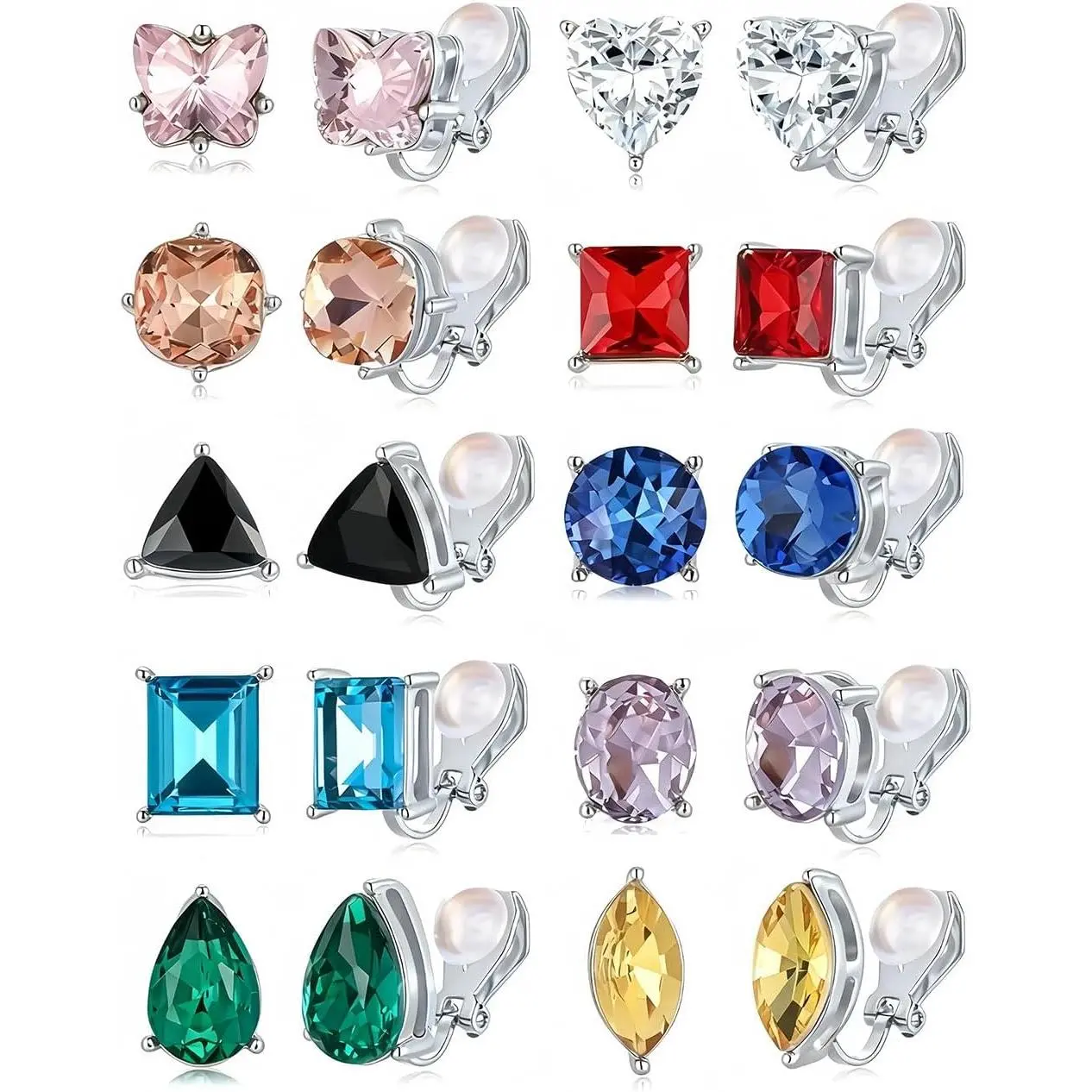 10 Pairs Clip  Earrings for Women Non Pierced Multicolored CZ Stud Earrings Round Teardrop Heart Butterfly Triangle Square Rectangle Oval Geometric Clip  Stud Earrings   Color