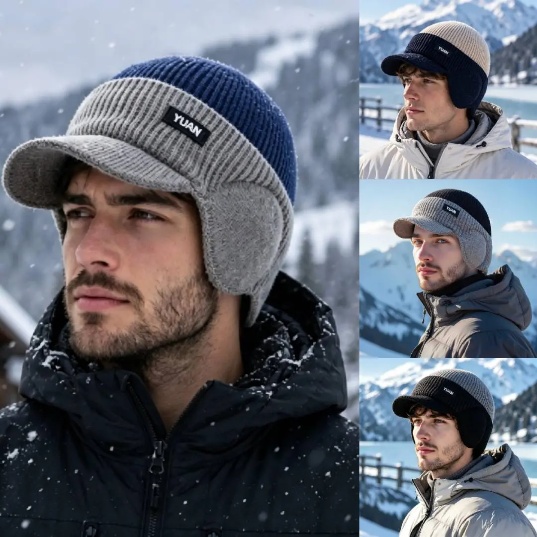 Men's Winter Knit Hat with Visor & Ear Flaps, Warm Beanie Cap for Outdoor Sports, Skiing & Cold Weather