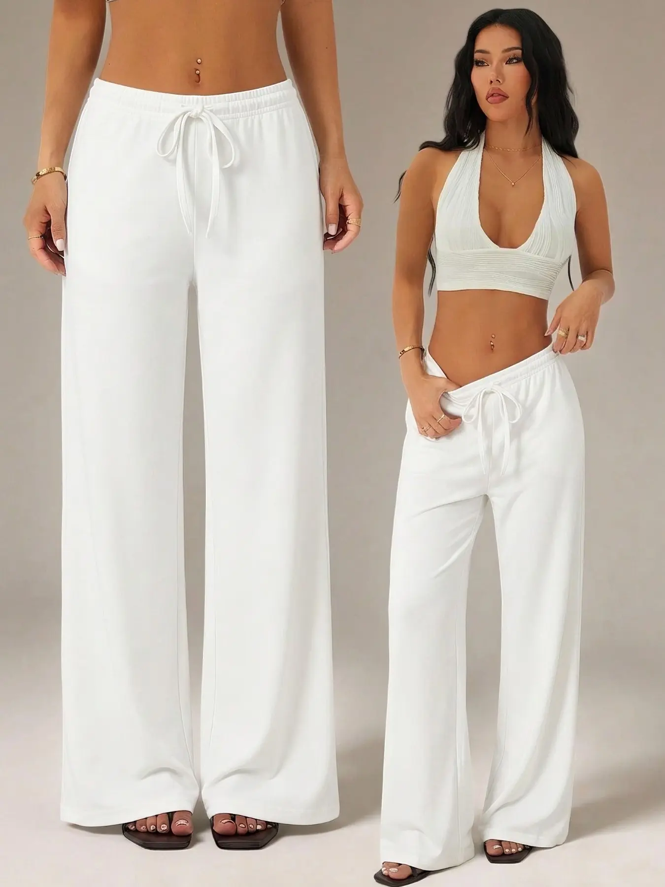 Women Basic Solid White High Waist Flare Sweatpants, Elastic Waistband With Adjustable Drawstring, Soft Knit Breathable Fabric, Loose Bootcut Design, Slimming Leg Line Casual Daily Trousers, Street Daily Outfit, Home Loungewear, Vacation Matching Botto