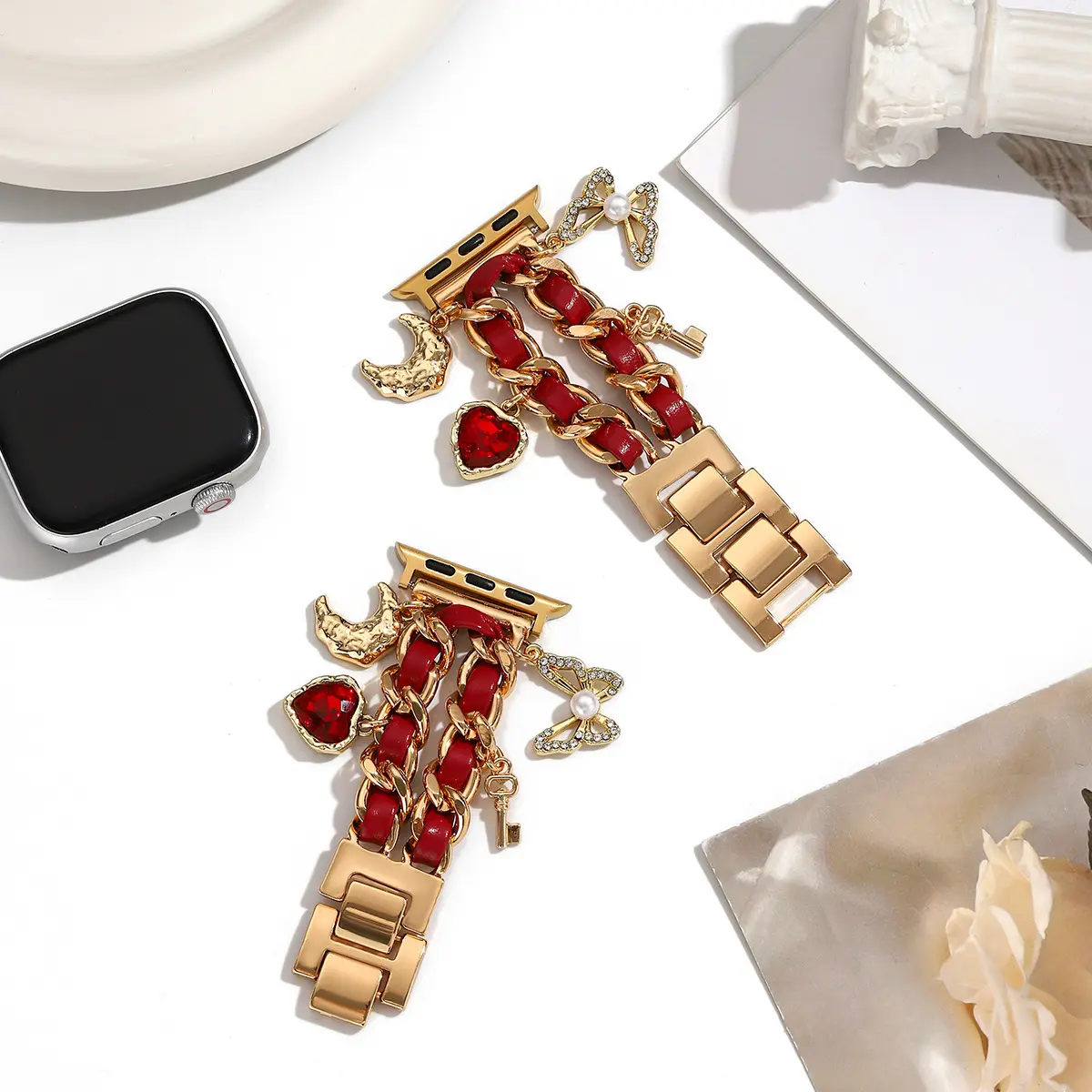 Gold Cuban Link Apple Watch Band for Women, Adjustable Chain Bracelet Strap with Red Leather Detail, Luxury Jewelry Smartwatch Band Compatible with Apple Watch 38/40/41/42/44/45/49mm & Samsung 20mm
