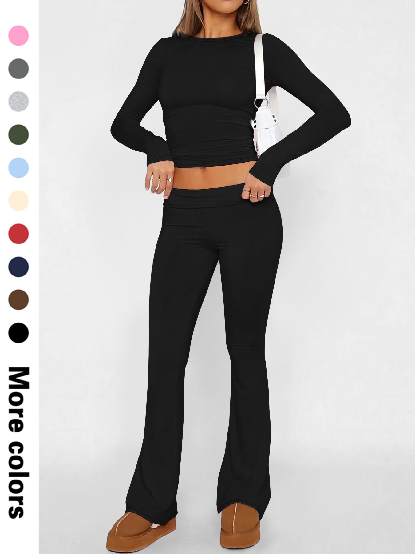 Two-Piece Set Women's Solid Color Long Sleeve Crop Tee & Flare Leg Pants, Casual Fashion Cozy Round Neck Top & Bell Bottom Trousers for Daily Outdoor Wear, Women's Clothing for Fall & Winter