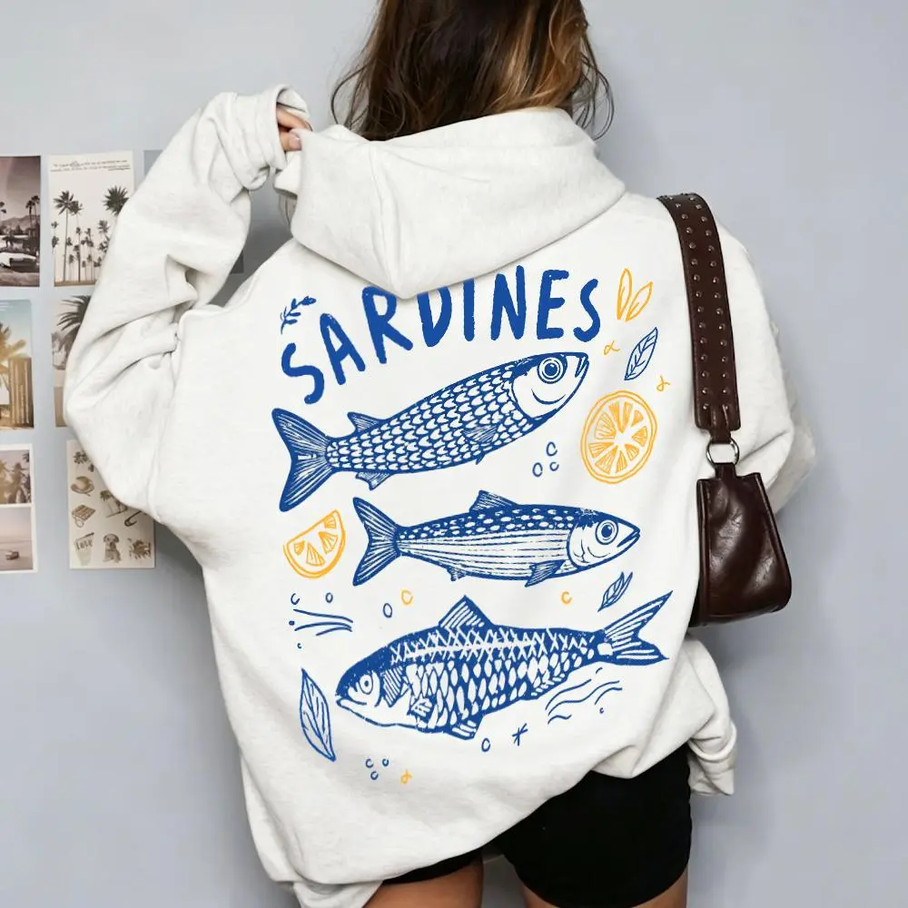 Vintage Sardines Graphic Cotton Hoodie Cute Lemon Oversized Sweatshirt With Pocket Preppy Coastal Summer Night Hooded Top,back to school,back to school shopping
