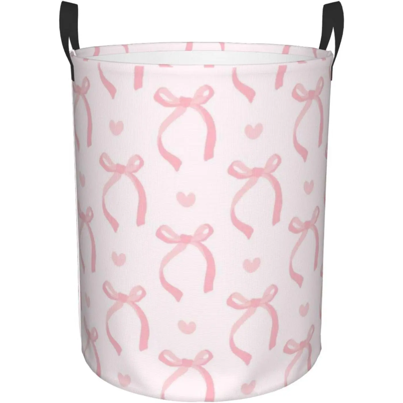 Large Preppy Pink Bow Polyester Laundry Basket - Collapsible, Waterproof, Handle-Equipped Clothes Storage for Everyday Modernism Home Bedroom Use
