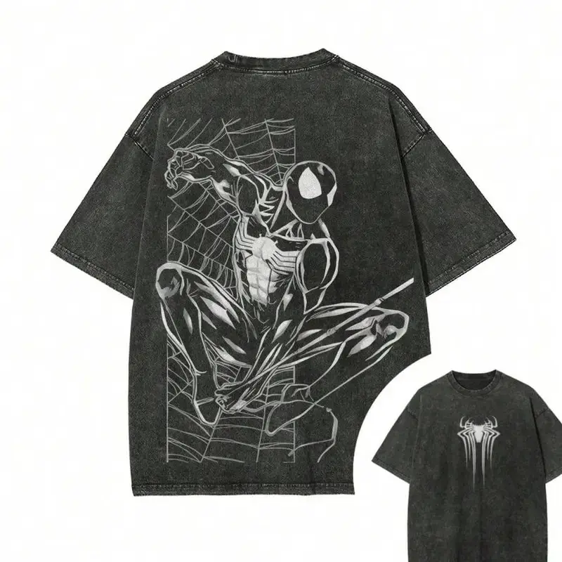 Vintage washed cotton hero T-shirt with minimal spider logo print on chest and full dynamic comic-style spider web graphic on back. Breathable crew neck everyday tee, versatile for city trips, perfect birthday and holiday gifts for comic fans.
