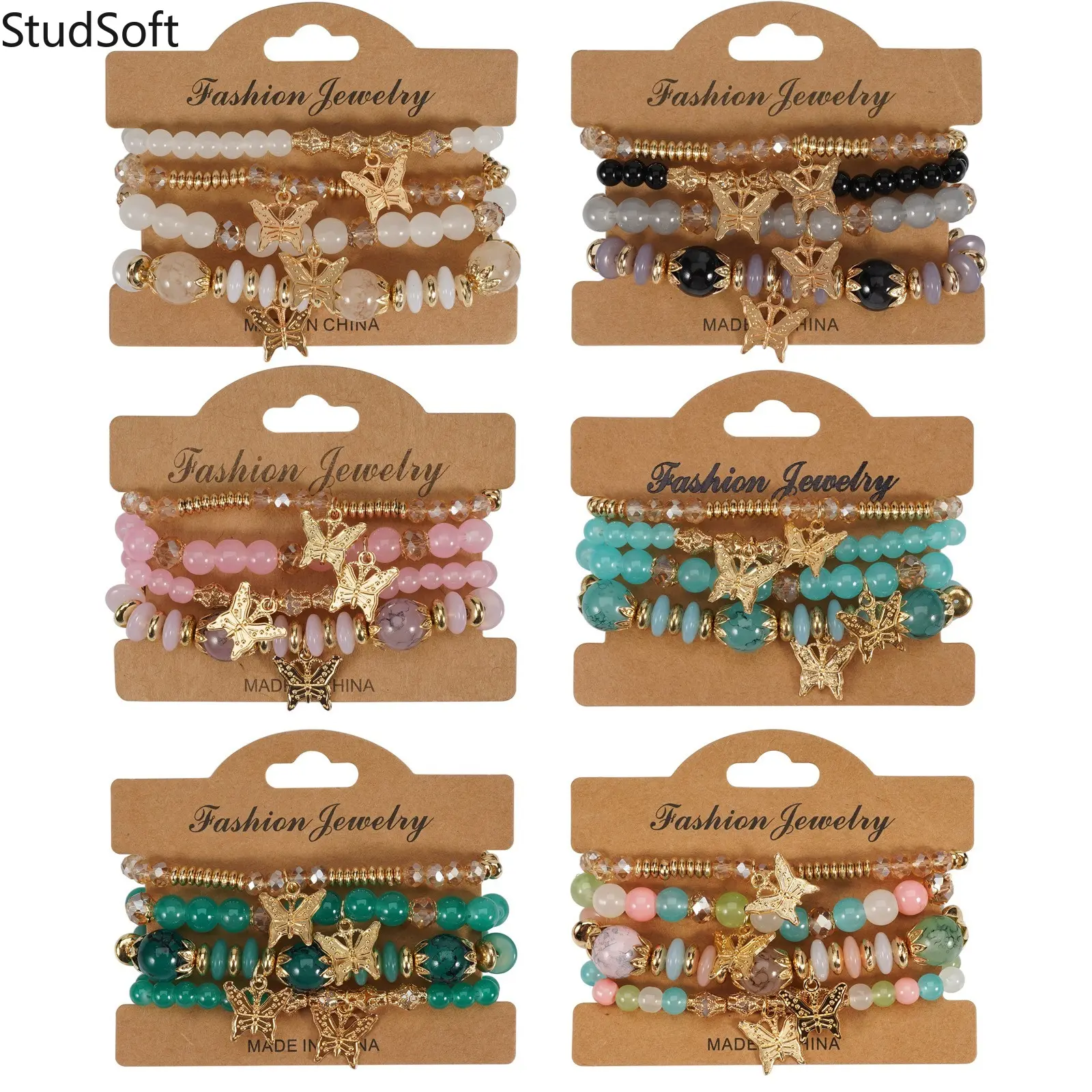 Butterfly Bracelet Boho Vintage Multilayer Beaded Bracelet Gold Butterfly Charm Elastic Layered Crystal Stone Aesthetic Jewelry Gift for Women