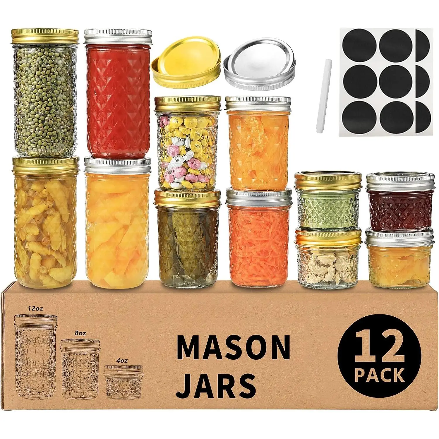 Mason Jars Variety Pack, 12 Pack Canning Jars with Regular  | Glass Mason Jars  Sizes Ideal for Jam Jelly Honey Wedding Shower Favors DIY Glass  Jars 4OZ x 4, 8OZ x 4, 12OZ x 4
