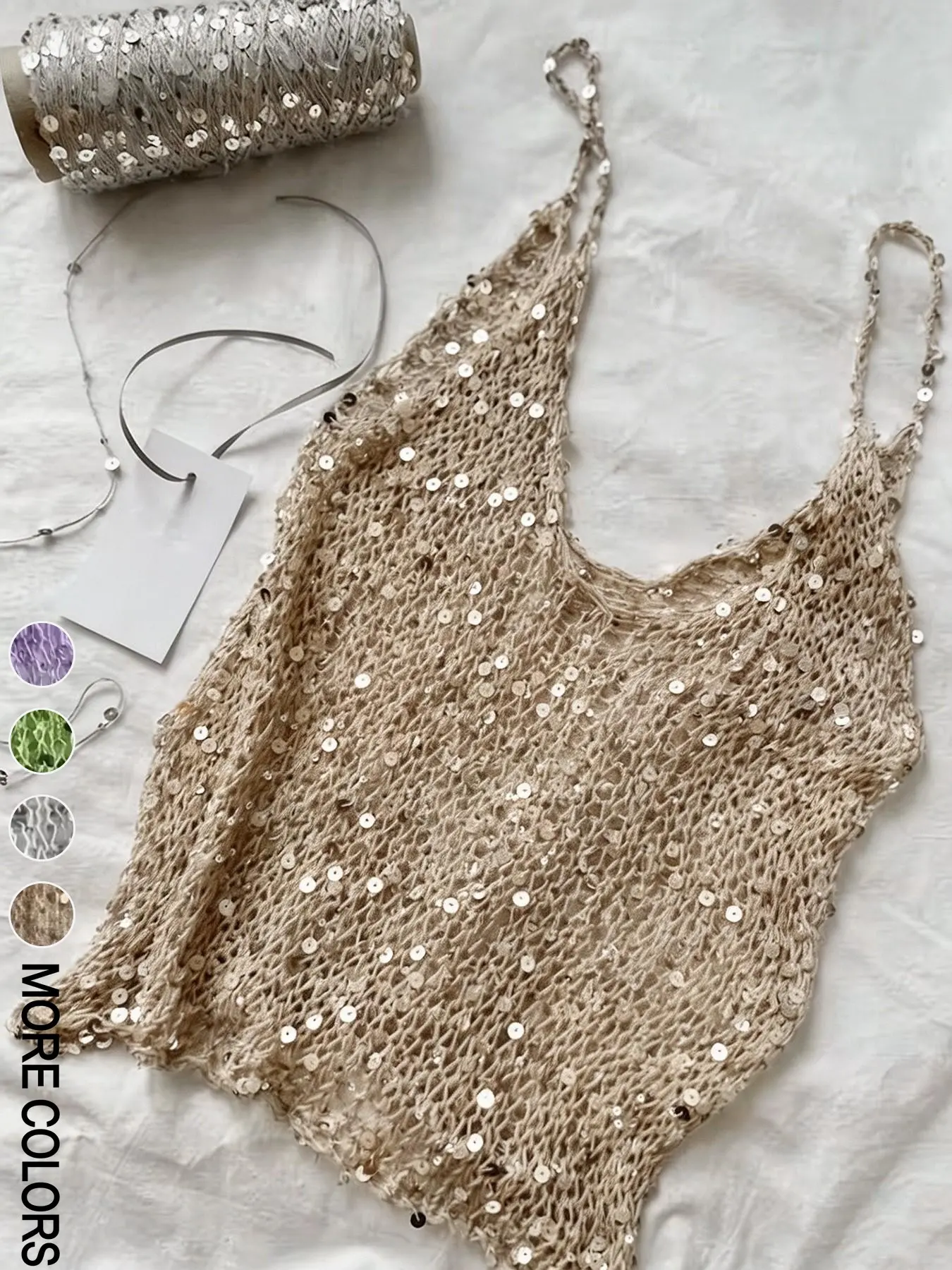 Women's Sequin Crochet Cami Top, Handmade Hollow Out Knit Spaghetti Strap Sleeveless Blouse, Beige Sheer Mesh Tank Top, Y2K Glitter Vest, Lightweight, Wear Alone Or Layered, Ideal For Night Party, Beach Cover Up & Casual Summer Outfit