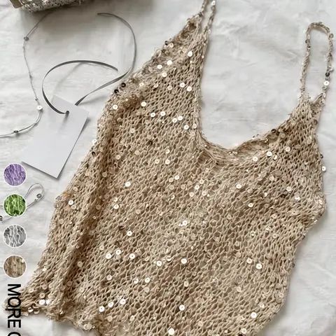 Women's Sequin Crochet Cami Top, Cropped Sleeveless Top Handmade Hollow Out Knit Boho Spaghetti Strap Vest, Beige Sheer Mesh Top, Y2K Glitter Vest, Ideal for Night Party, Beach Cover Up & Casual Summer Outfit