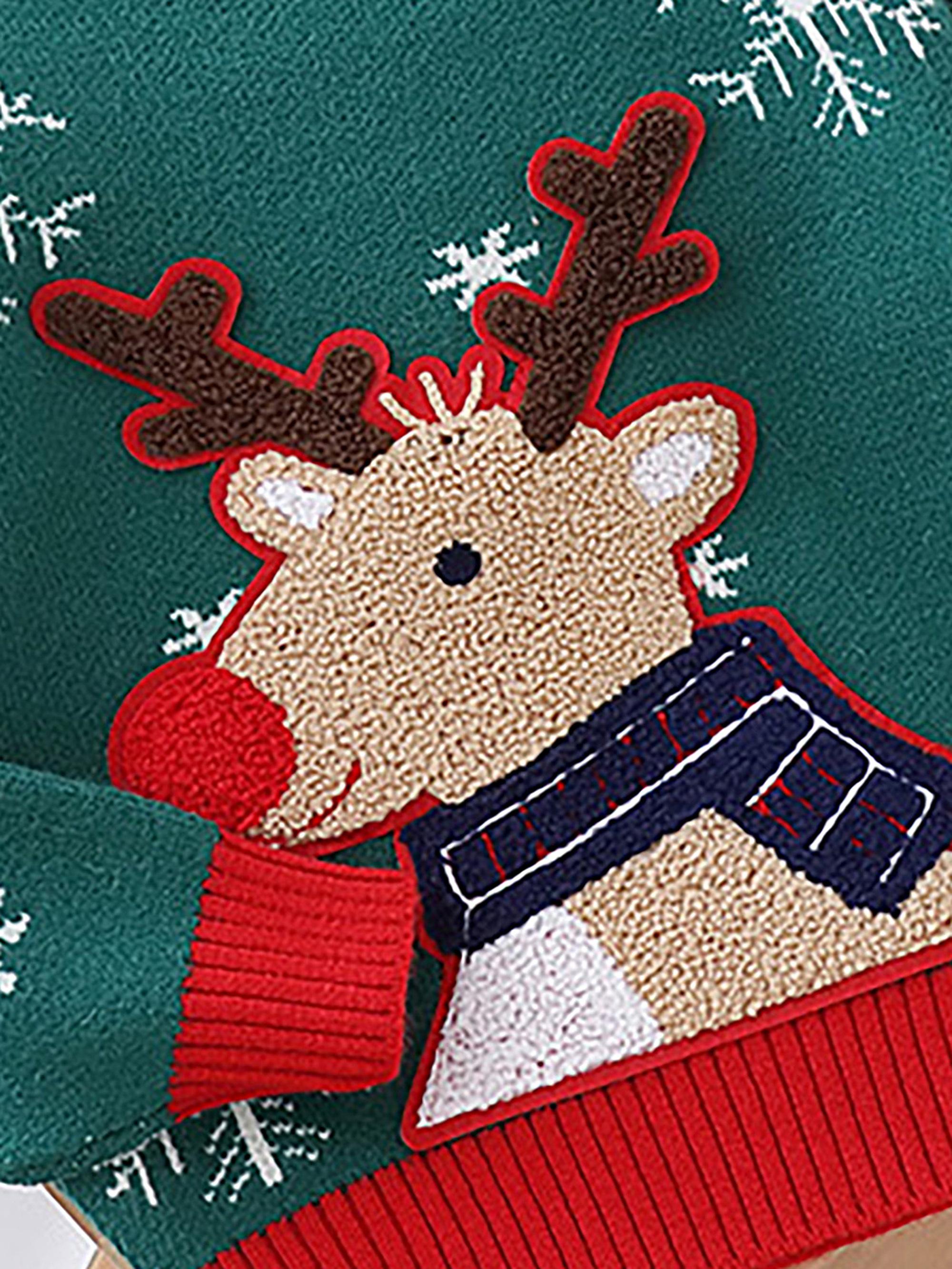 Girls' Christmas Sweater Dress with Snowflake & Reindeer Patterns, Color-Block Pullover Jumper, Loose Fit Round Neck Winter Outfits for Girls & little girls (Hand Washable)