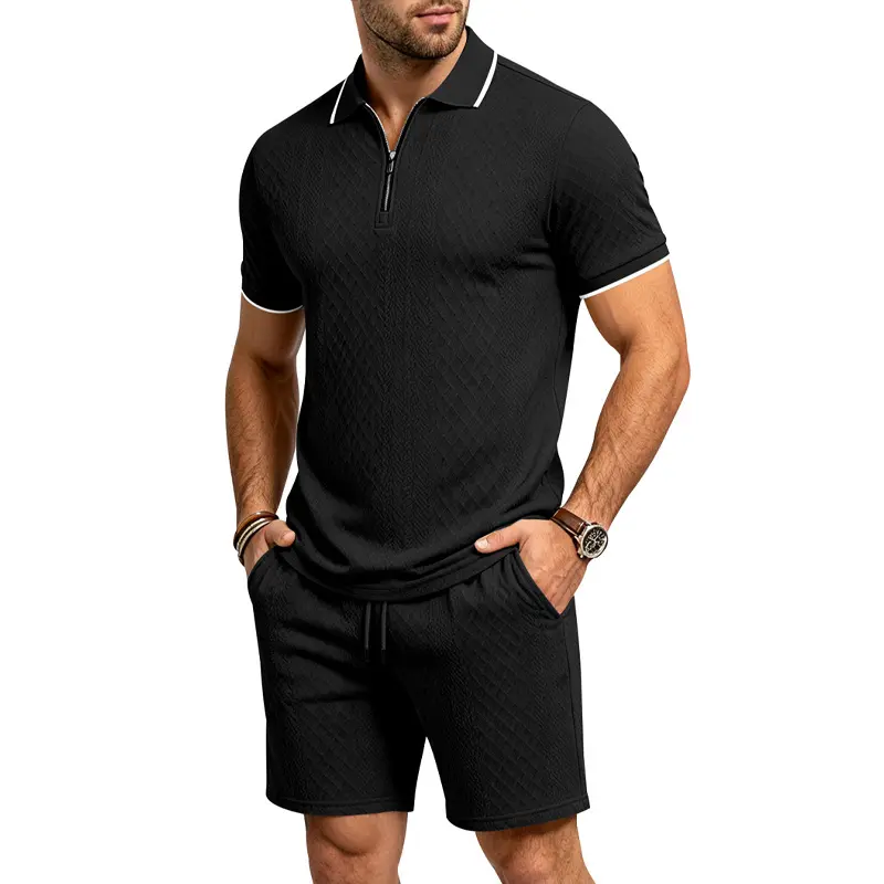 Men's Minimalist Textured Zip Polo and Shorts Set, Casual Athletic Menswear, Lightweight Soft Relaxed Fit for Summer Vacation & Loungewear, Shortsleeve, Plain, Fabric