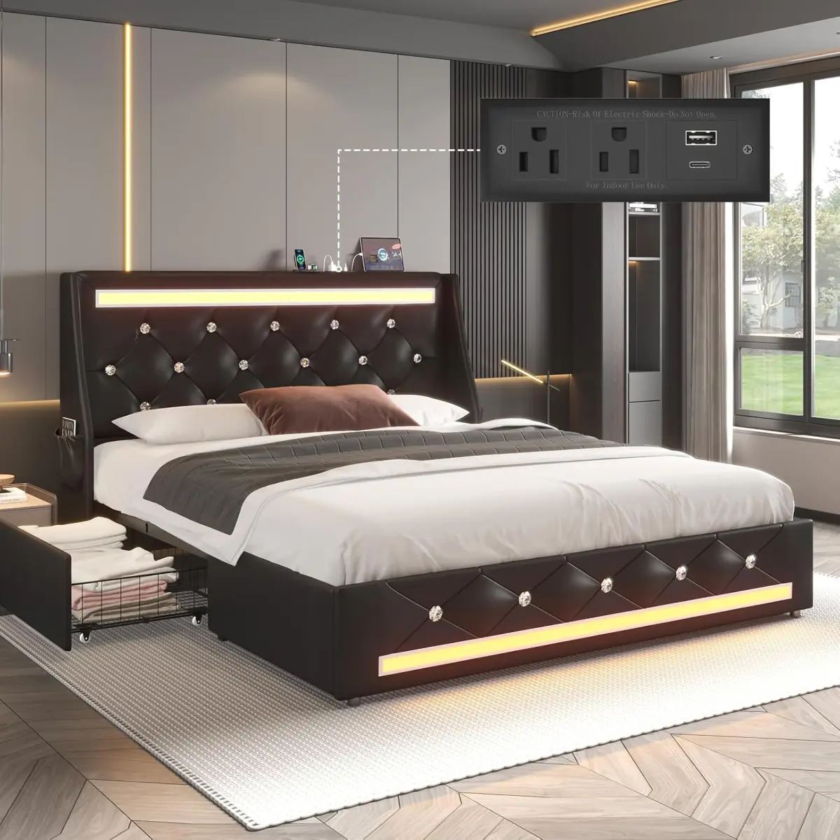 Full Size Bed Frame with LED Lights & Charging Station, Upholstered Full Platform Bed with Storage Drawers and Diamond Headboard, Easy Assembly, Noise Free, No Box Spring Needed, Faux Leather, Black