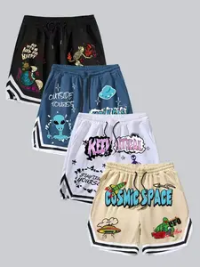 4 Pack Graphic Basketball Shorts Alien UFO Skull Cosmic Space Print Drawstring Sports Shorts Streetwear Gym Casual Shorts