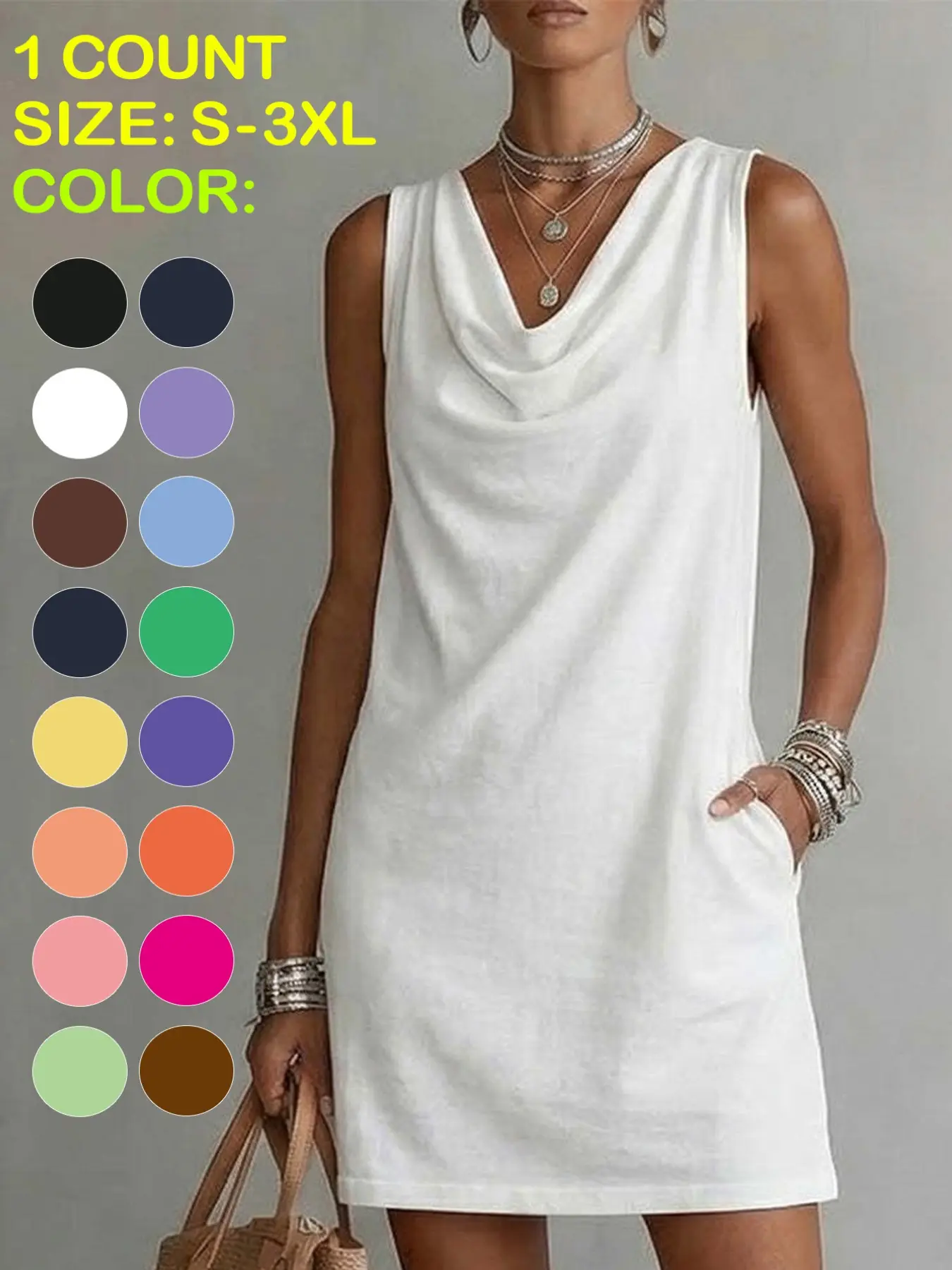 2026 New European and American Cross-Border Tiktok Bestseller, Solid Color Flowy Sleeveless Tiered Neck Pocket Short Casual Dress for Women