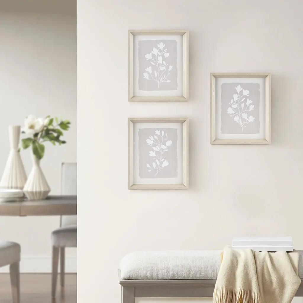 Nokaa 3-Piece Framed Glass Wall Art Set, Beige Botanical Floral Prints for Living Room Bedroom Office, Modern Home Decor with Light Wood Beveled Frame, Ready to Hang Wall Art