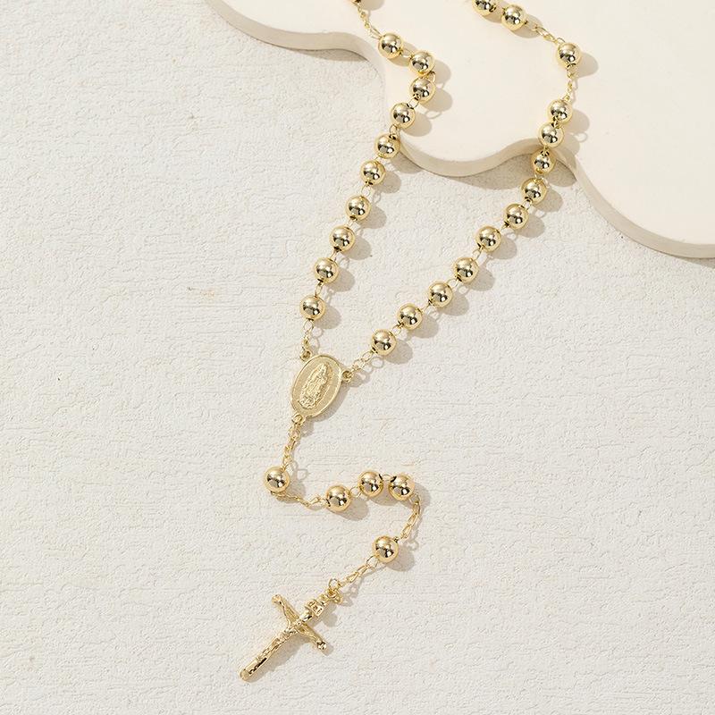 Golden Virgin Mary Cross Clavicle Chain Rosary Necklace Long Necklace