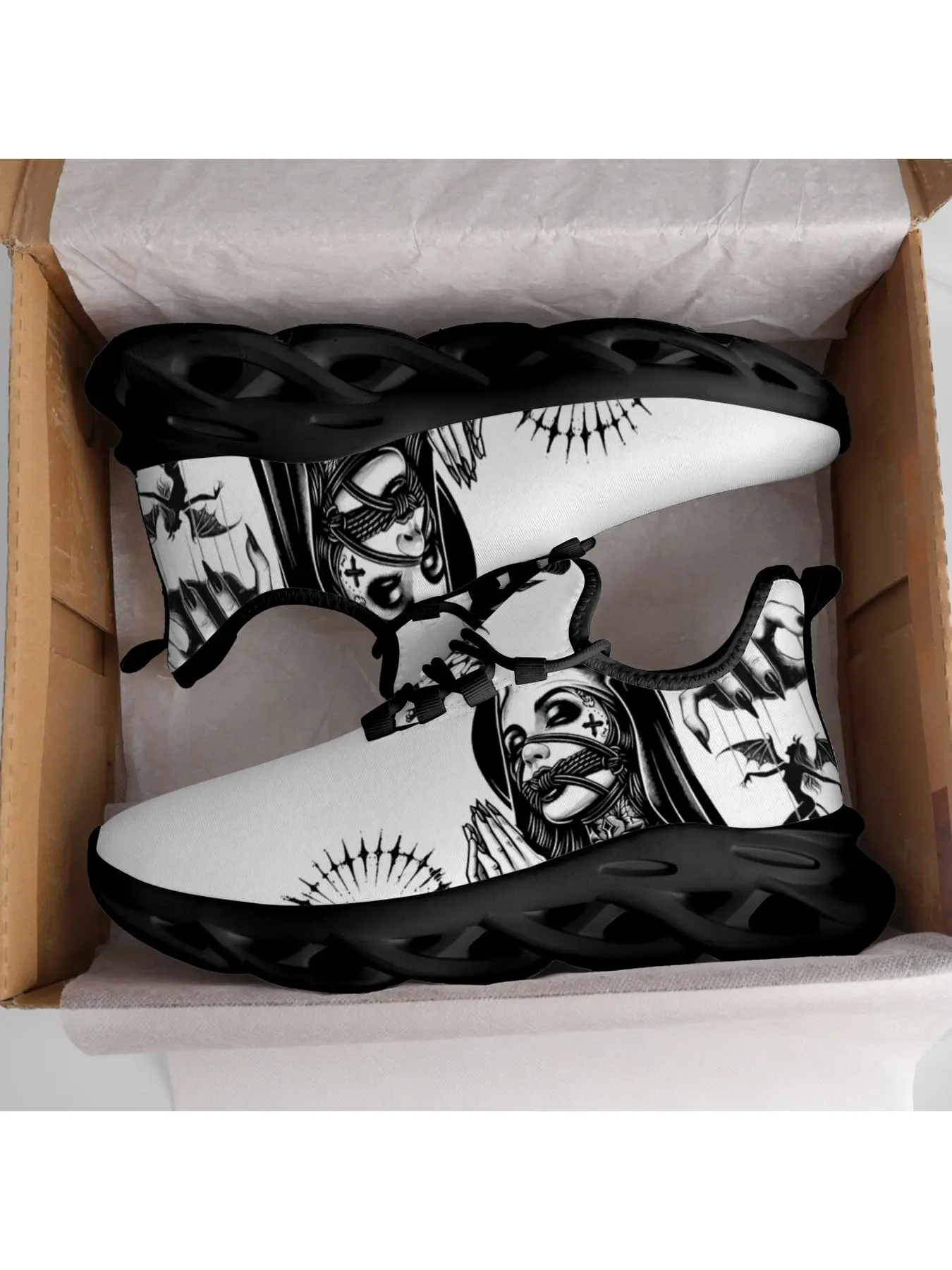 Nun Black Monochrome Chicano Tattoo Figure Blade Sneakers Adult Dark Gothic Praying Lady Small Devil Sketch Print Street Punk Casual Athletic Trainers For Men Women