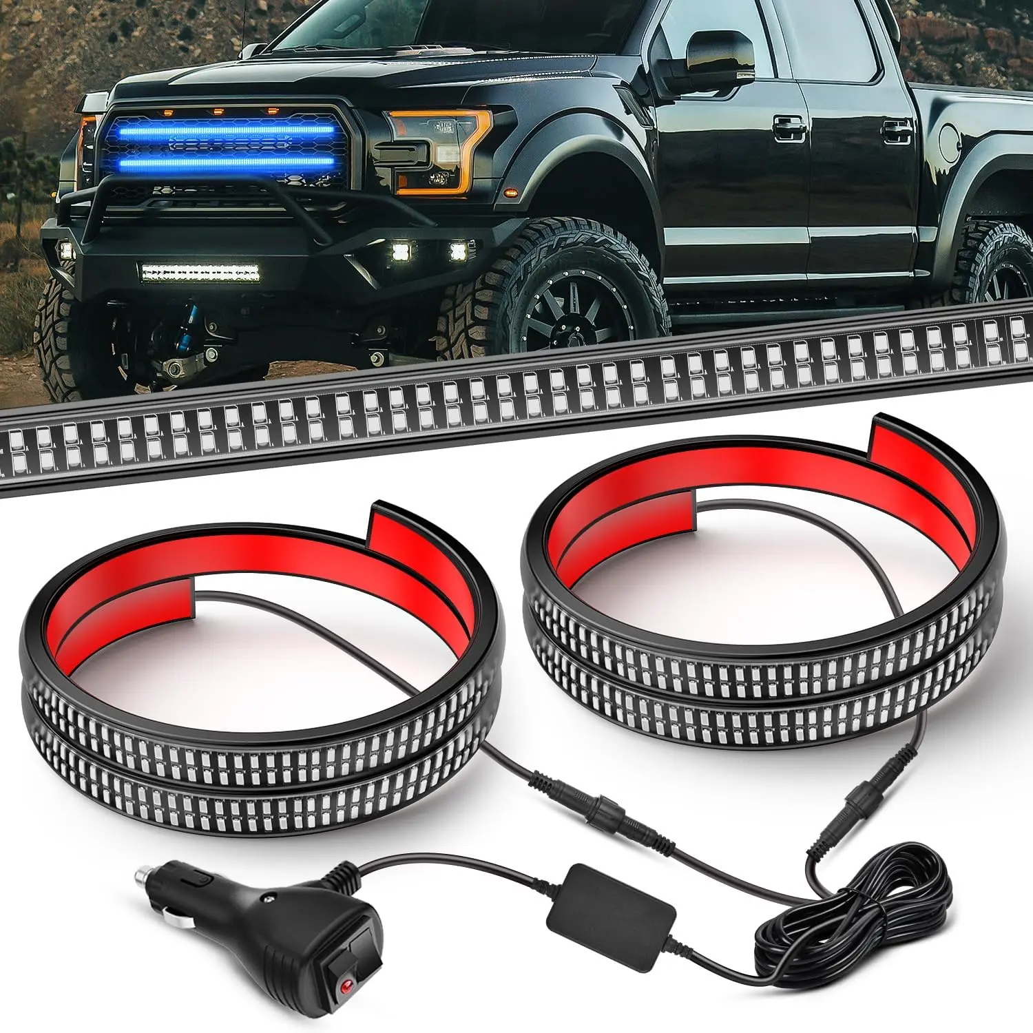 Nilight 2PCS 24-in Truck Grille Strobe LED Emergency Flash Strip Bars - 2 In 1 Work Lights Kit with Buckle & Zip Ties, 384 Blue Flexible Side Flashing, IP67 Rated Waterproof Safety Lighting for Trucks, Construction Vehicles, Strobe Light