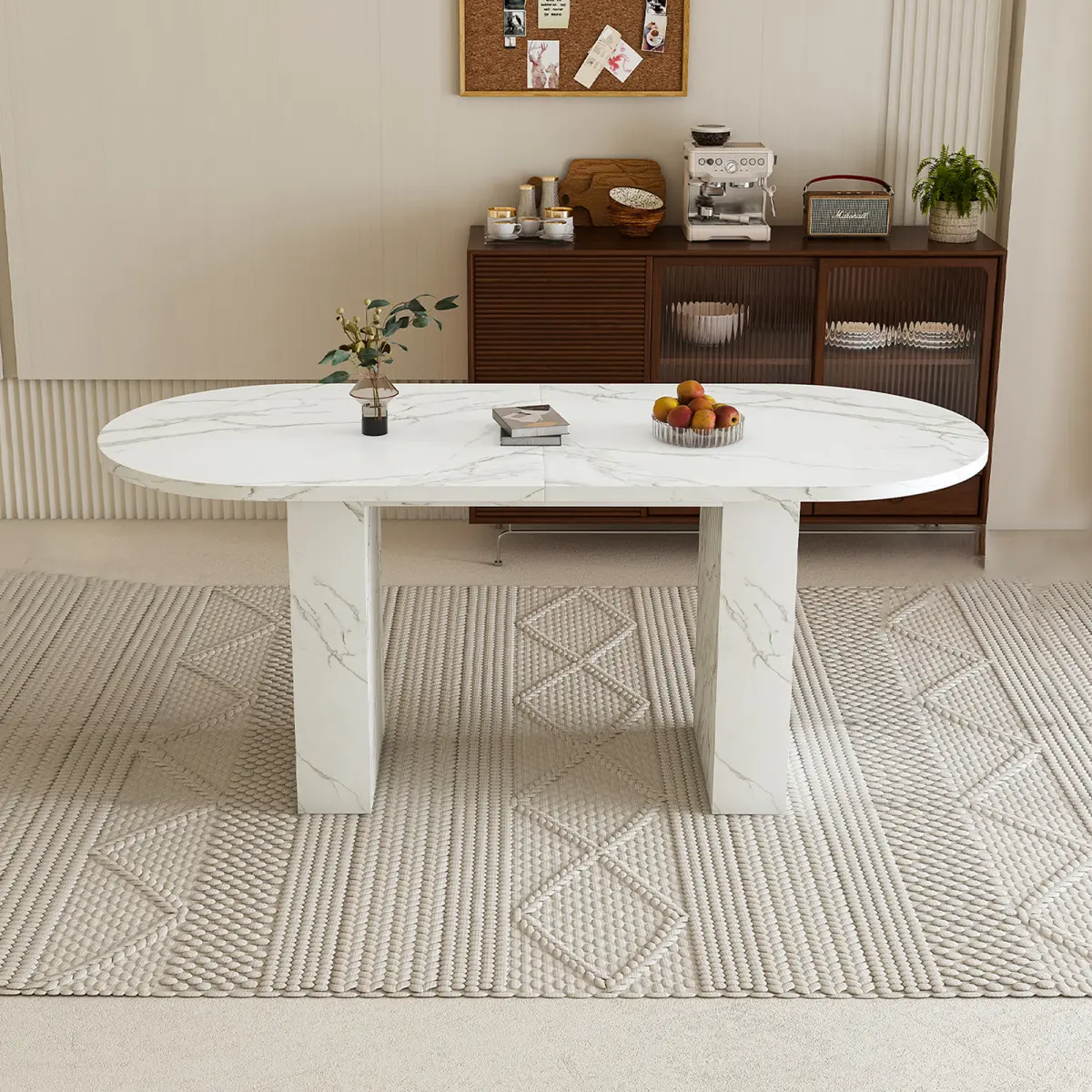 [Bellemave]  62.9 Inch Oval Dining Table for 6, White Veneer MDF Tabletop with MDF Base, Modern Farmhouse Dininghouse Table with Waterproof Scratch Resistant Surface