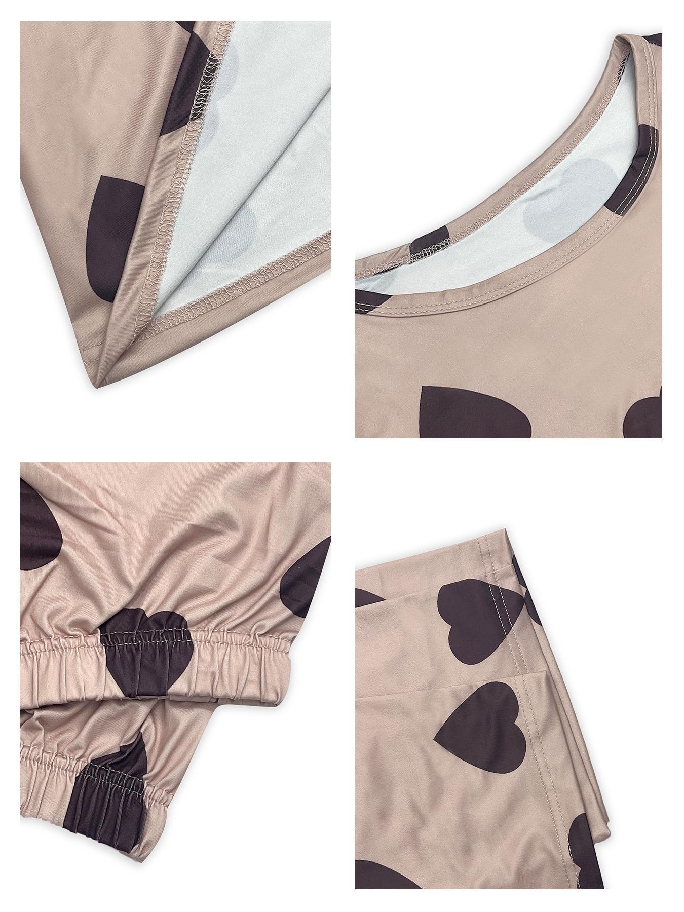 Plus Size Two-Piece Set Heart Print Drop Shoulder Tee & Elastic Waist Pants Pyjama Set, Casual Comfy Round Neck Short Sleeve T-shirt & Trousers Pj Set, Women's Sleepwear for All Seasons Valentine's Day, gift