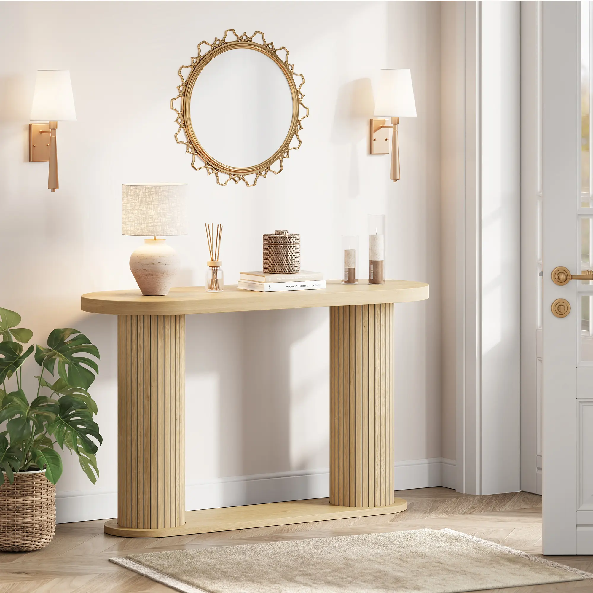 Modern Fluted Console Table  – 42.5" Narrow Entryway Sofa Table with Storage Shelf – Oval Living Room Hallway Foyer Furniture – Natural