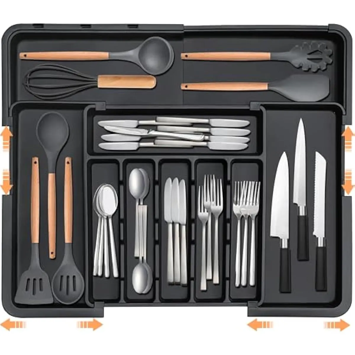 Expandable Silverware Organizer for Kitchen Drawer – Large BPA Free Adjustable Cutlery Tray, 6–9 Slots Black Utensil Divider for Spoons Forks Knives Storage