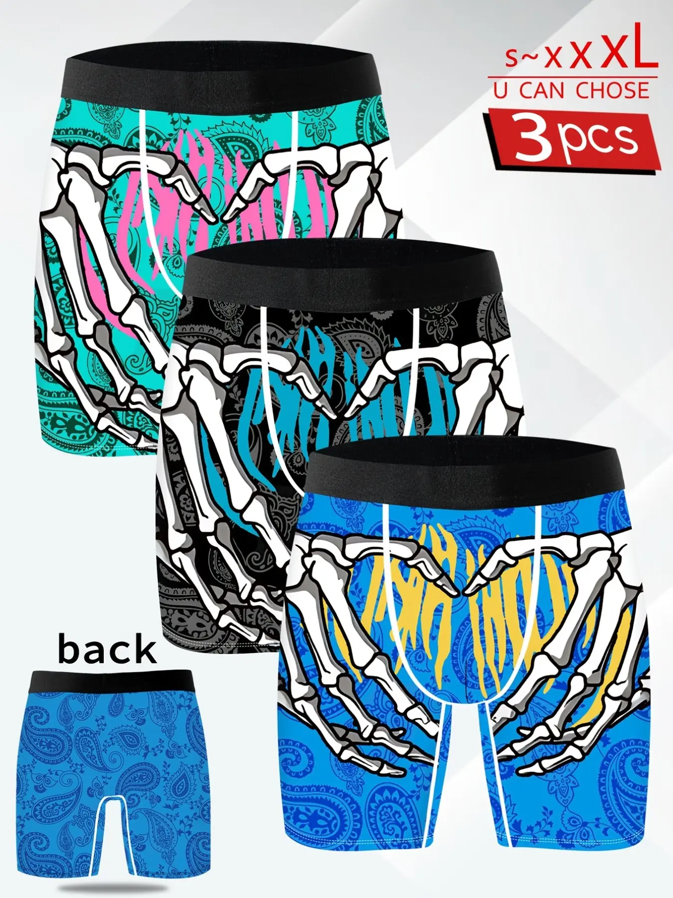 3-Pack Men's Skull Handprint Boxers, Knit Fabric, Breathable Sweat-Wicking, Soft Skin-Friendly, Fun Cute Home Casual Long Briefs