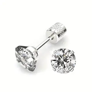 Pair of 4mm White Synthetic Zirconia Earrings with Floral Relief Design and Ear Plugs for Pierced Ears, Featuring Exterior Threaded Design. Popular in Europe and America, Perfect for Valentine's Day