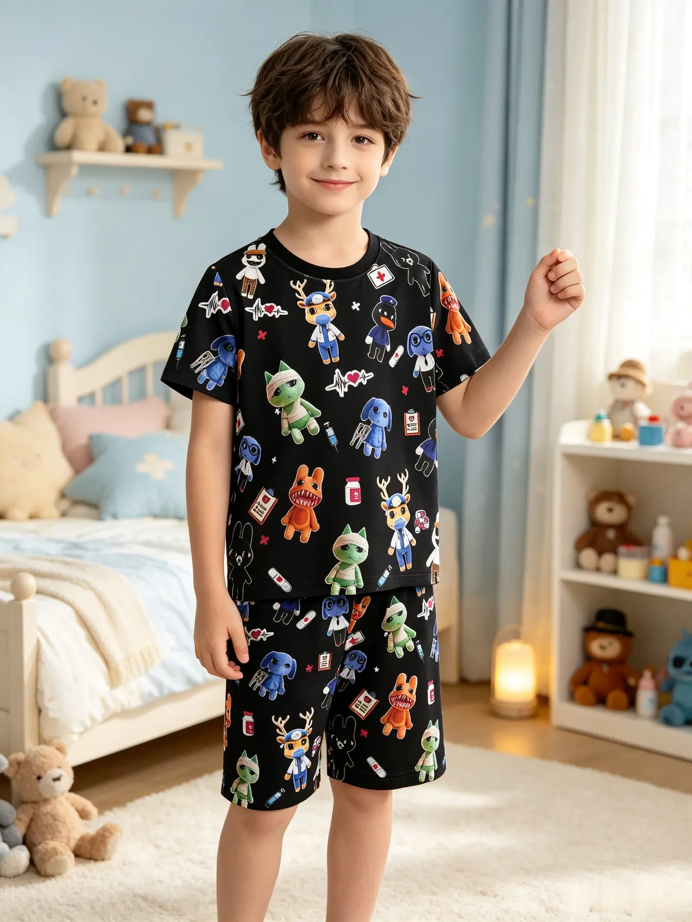 Animal Hospital Kids Doctor Cartoon Print Pajama Set, All Seasons Pajamas, Cute Veterinarian Print Pajamas, Boys Girls Sleepwear (ages 5-14), Loose-Fit Casual Style