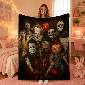 Classic Horror Movie Villains Collage Flannel Throw Blanket, Freddy Jason Pennywise Michael Myers Print Soft All Season Blanket for Couch Bed Car, Machine Washable Halloween Gift for Horror Film Fans Movie Night