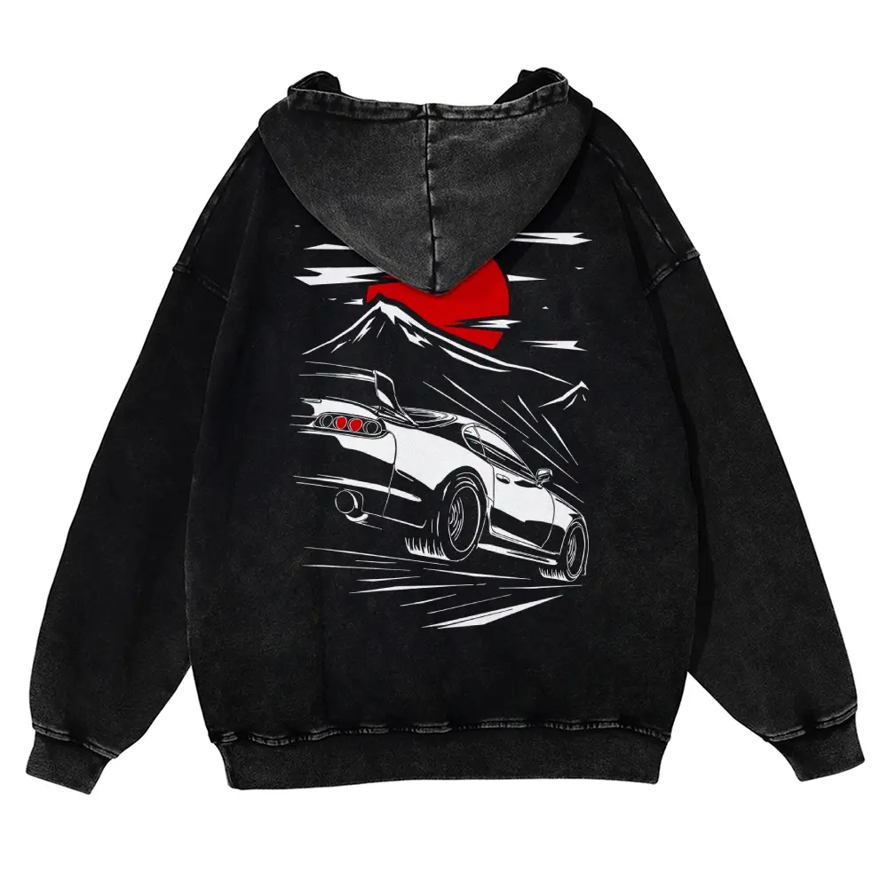 Men's Vintage Washed Cotton Long Sleeve Hoodie - Oversized Fit, Heavyweight, Supra JDM Japanese Graphic, Racing Car Design, Unisex Casual Spring Streetwear Pullover, Thick