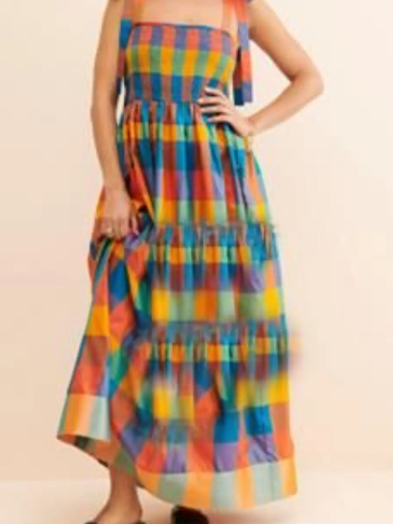 Summer Rainbow Plaid Halter Long Dress, Dual Shoulder Bow Tie Square Neck Design, High Waist Layered Cake Skirt, Vacation Dress